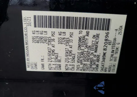 2021 Nissan Rogue S z USA, uszkodzony, nr VIN 5N1AT3AB9MC820896